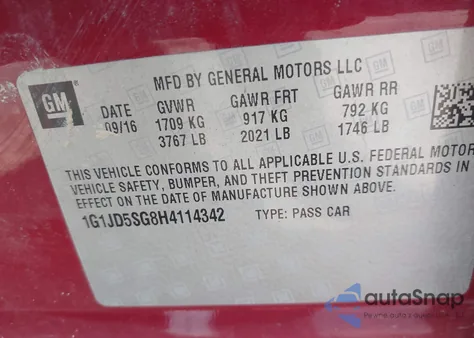 2017 Chevrolet Sonic Lt Auto из США, поврежденный, VIN 1G1JD5SG8H4114342